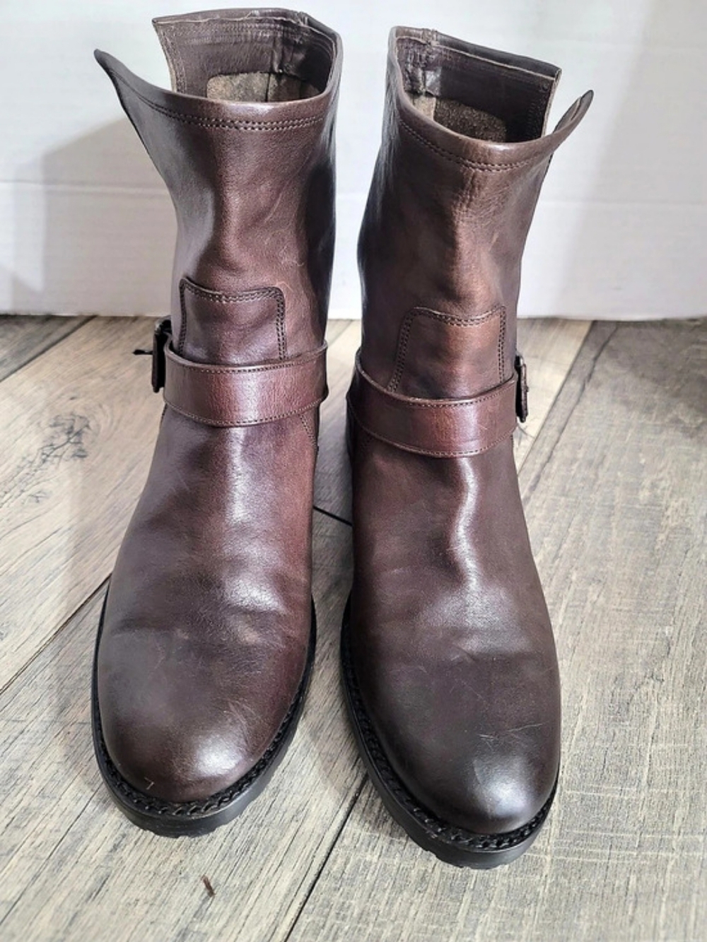 Frye Women's Natalie Short Harness Engineer Short Moto Brown Leather Boots US 9B